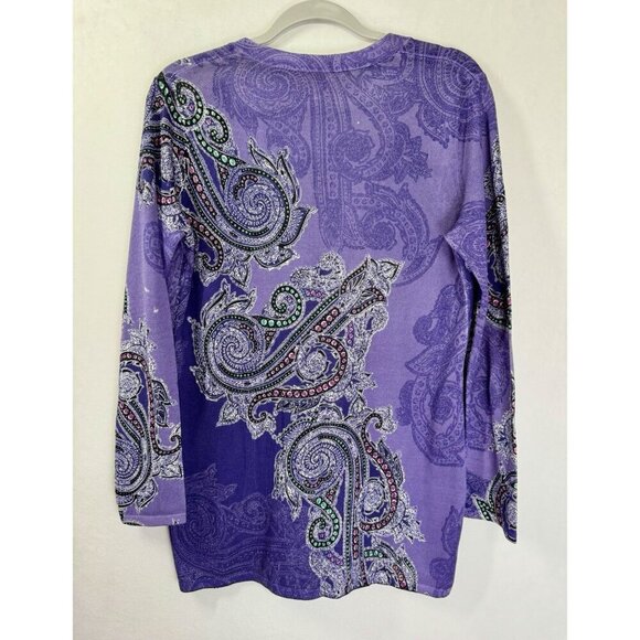 Chicos One Button Cardigan 1/Medium Purple Paisley Rhinestone V-Neck Sweater NEW - Picture 3 of 7